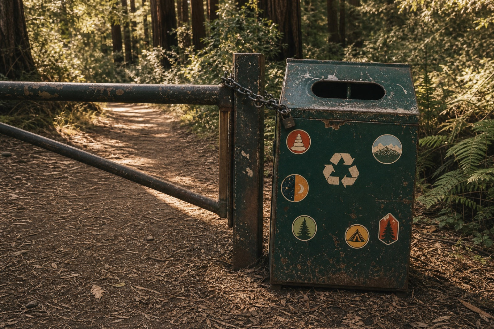 Sticker-covered recycling receptacle chained to a gate at a California forest trailhead.