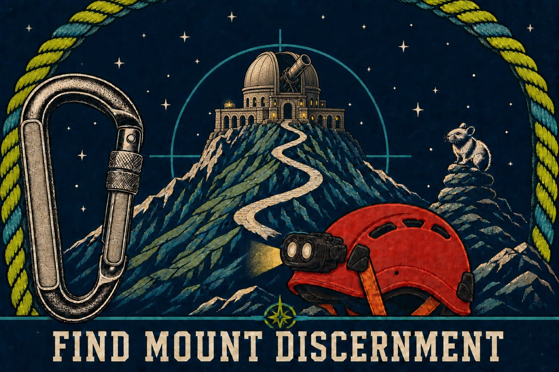 Find Mount Discernment. An observatory with a telescope stands atop a mountain, framed by a carabiner, climbing helmet, pika, and starry sky.